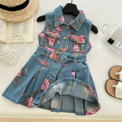 Girls Sleeveless Floral Print Denim Dress
