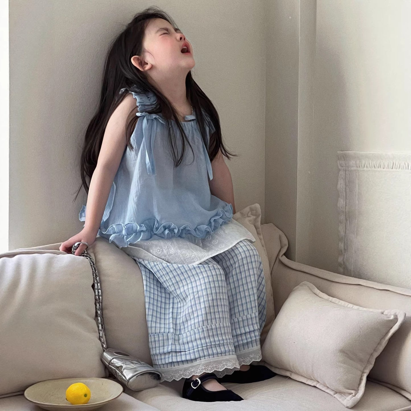Girls Sleeveless Vest Dress and Checkered Pants Set