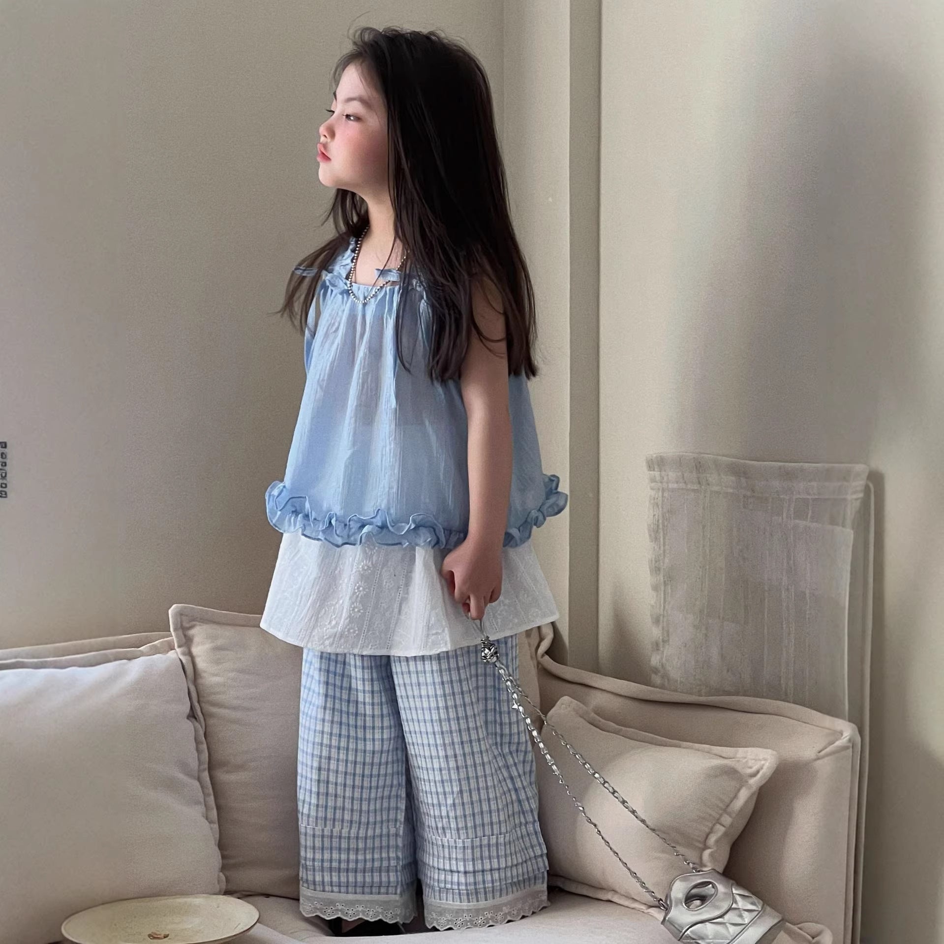 Girls Sleeveless Vest Dress and Checkered Pants Set