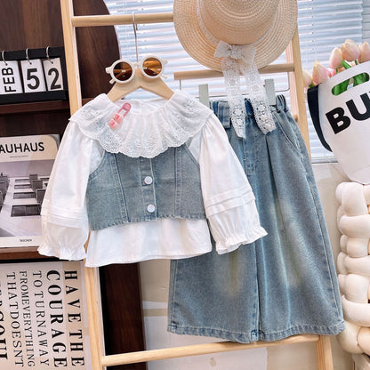 Girls' Spring Outfit 2026 New Stylish Children's Lace Collar Shirt Denim Vest Pants Spring and Autumn Three-Piece
