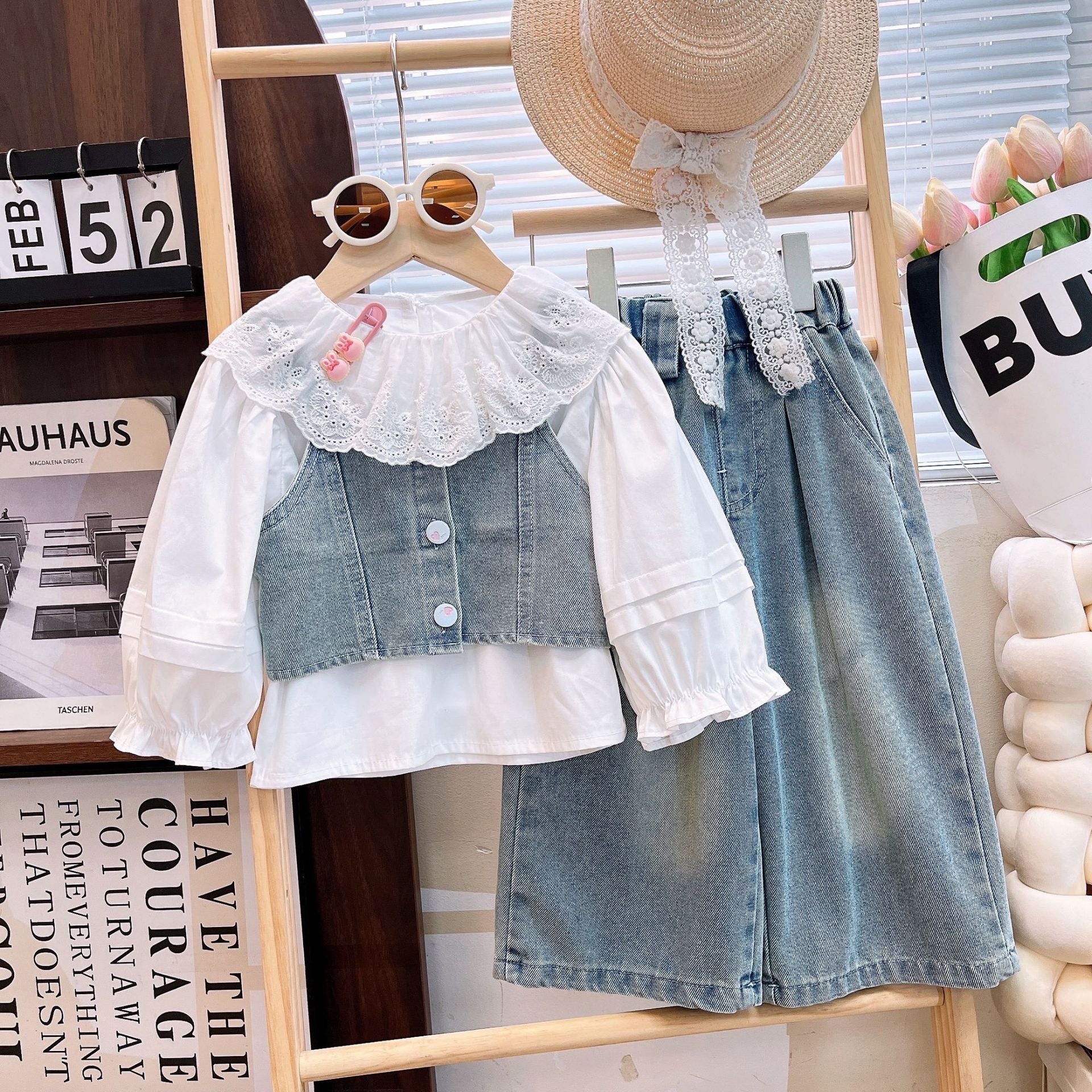 Girls' Spring Outfit 2026 New Stylish Children's Lace Collar Shirt Denim Vest Pants Spring and Autumn Three-Piece