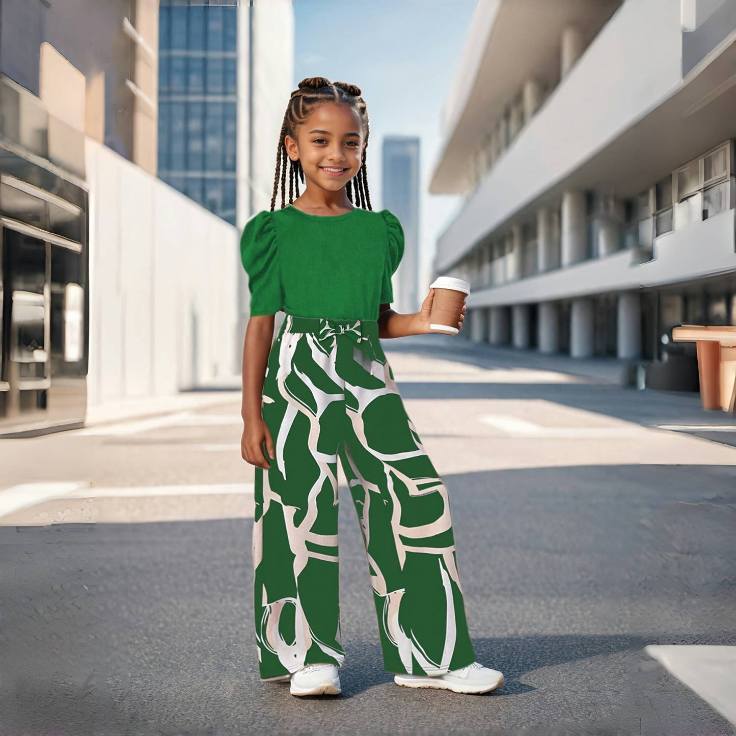 Girls Summer Bubble Sleeve Top and Floral Printed Wide Leg Pants Set