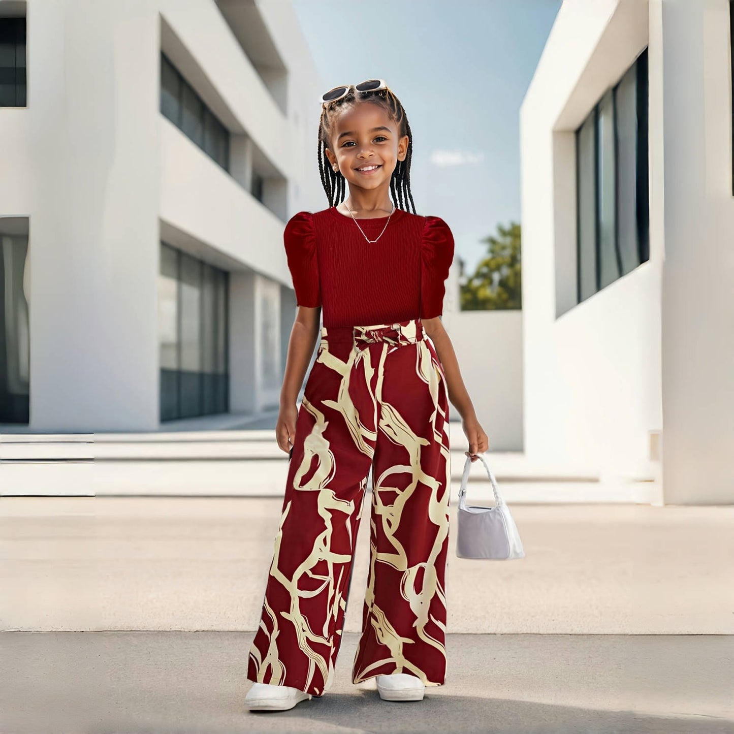 Girls Summer Bubble Sleeve Top and Floral Printed Wide Leg Pants Set