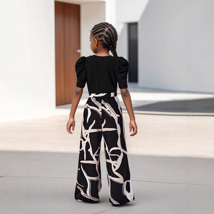 Girls Summer Bubble Sleeve Top and Floral Printed Wide Leg Pants Set