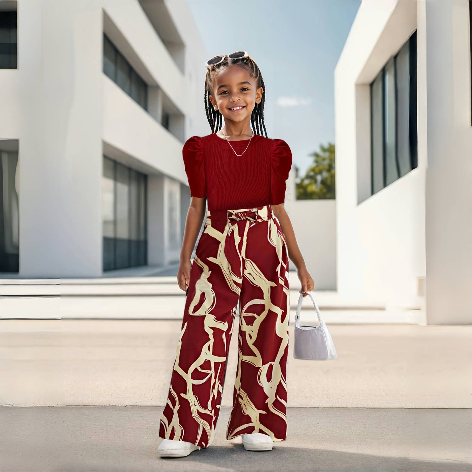 Girls Summer Bubble Sleeve Top and Floral Printed Wide Leg Pants Set