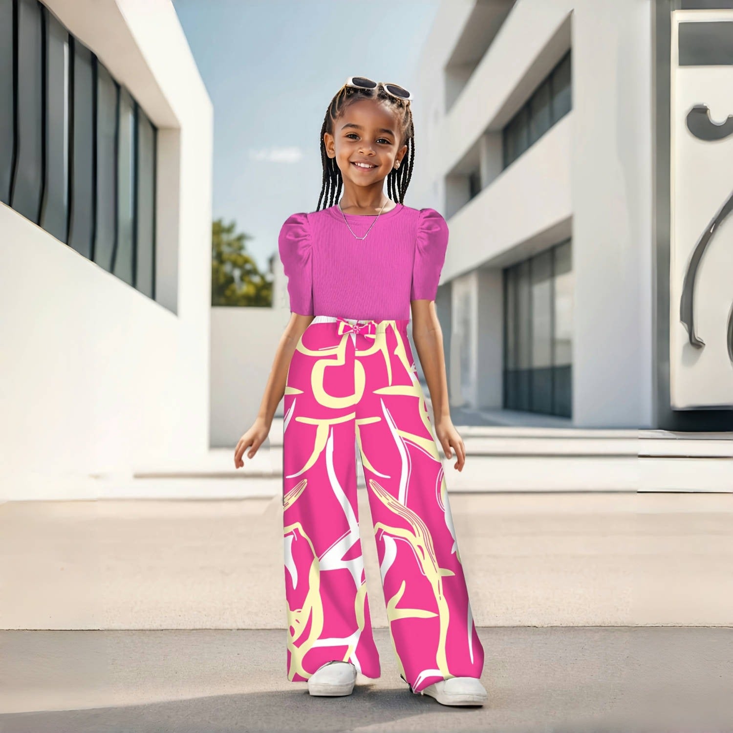 Girls Summer Bubble Sleeve Top and Floral Printed Wide Leg Pants Set