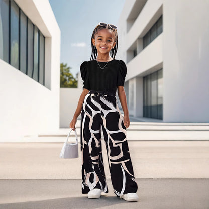 Girls Summer Bubble Sleeve Top and Floral Printed Wide Leg Pants Set