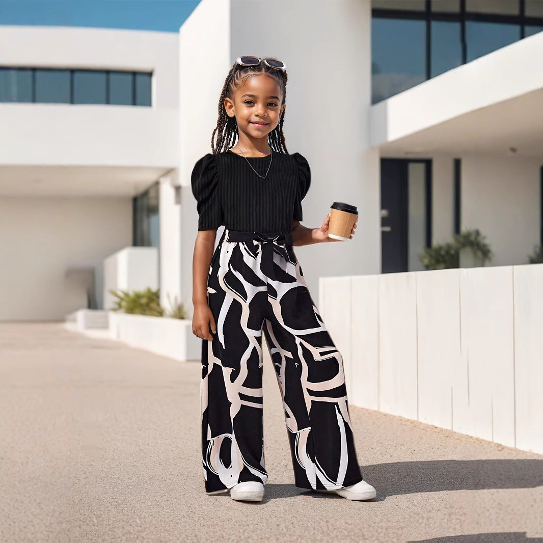 Girls Summer Bubble Sleeve Top and Floral Printed Wide Leg Pants Set