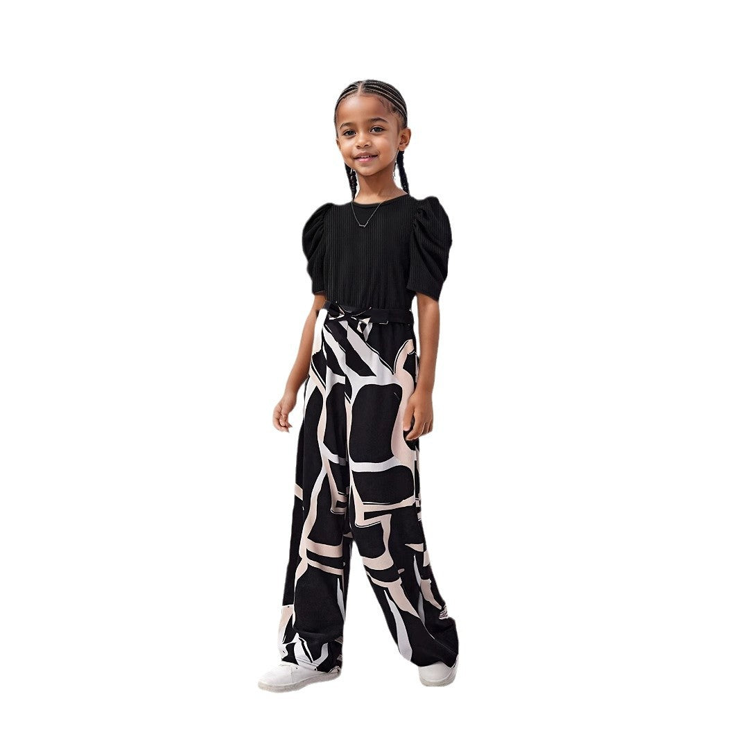 Girls Summer Bubble Sleeve Top and Floral Printed Wide Leg Pants Set
