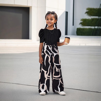 Girls Summer Bubble Sleeve Top and Floral Printed Wide Leg Pants Set