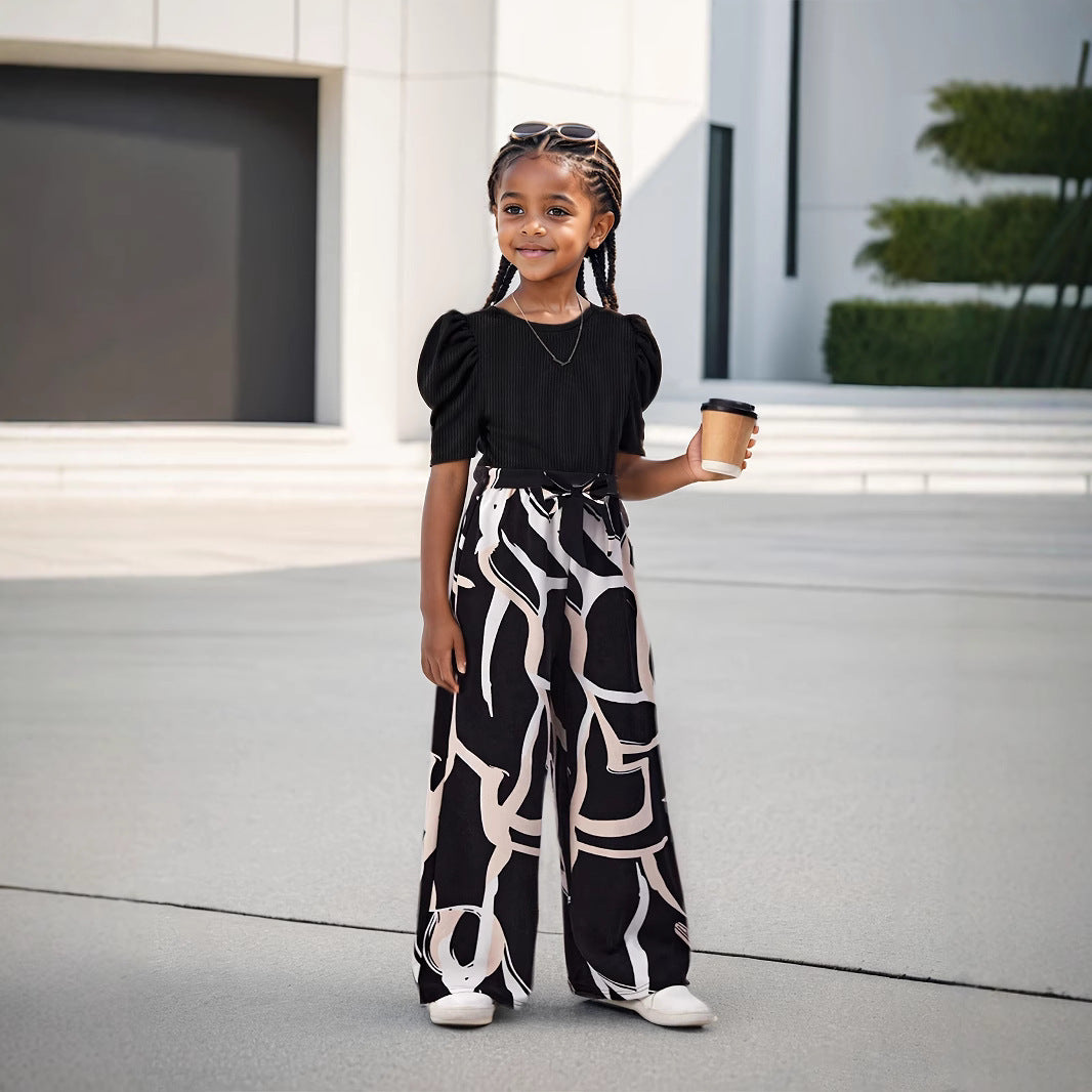 Girls Summer Bubble Sleeve Top and Floral Printed Wide Leg Pants Set