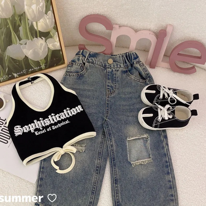 Girls Summer Camisole Ripped Jeans