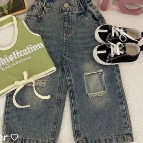 Girls Summer Camisole Ripped Jeans