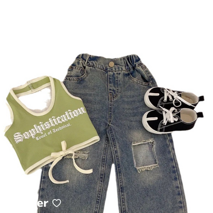 Girls Summer Camisole Ripped Jeans