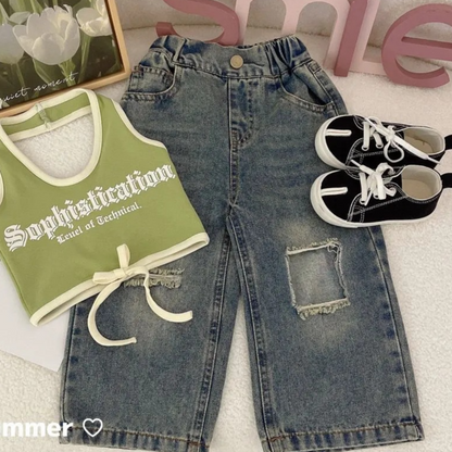 Girls Summer Camisole Ripped Jeans