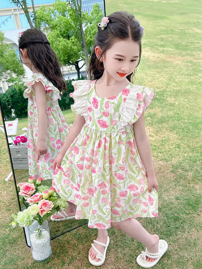 Girls Summer Floral Princess Dress with Flying Sleeves