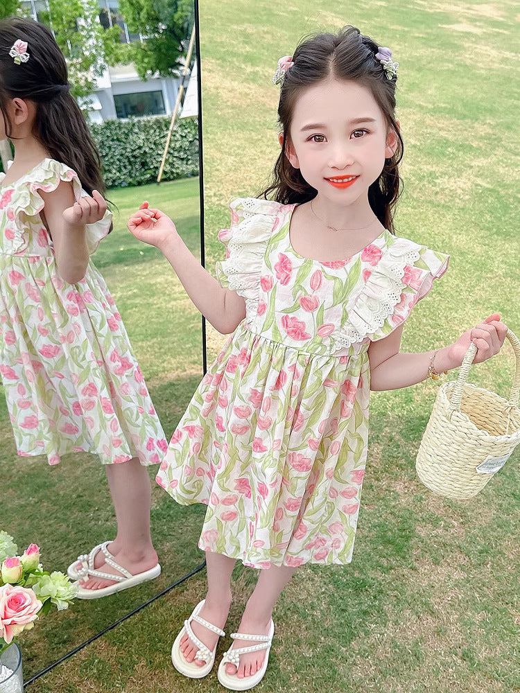 Girls Summer Floral Princess Dress with Flying Sleeves
