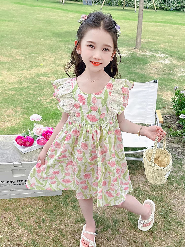 Girls Summer Floral Princess Dress with Flying Sleeves