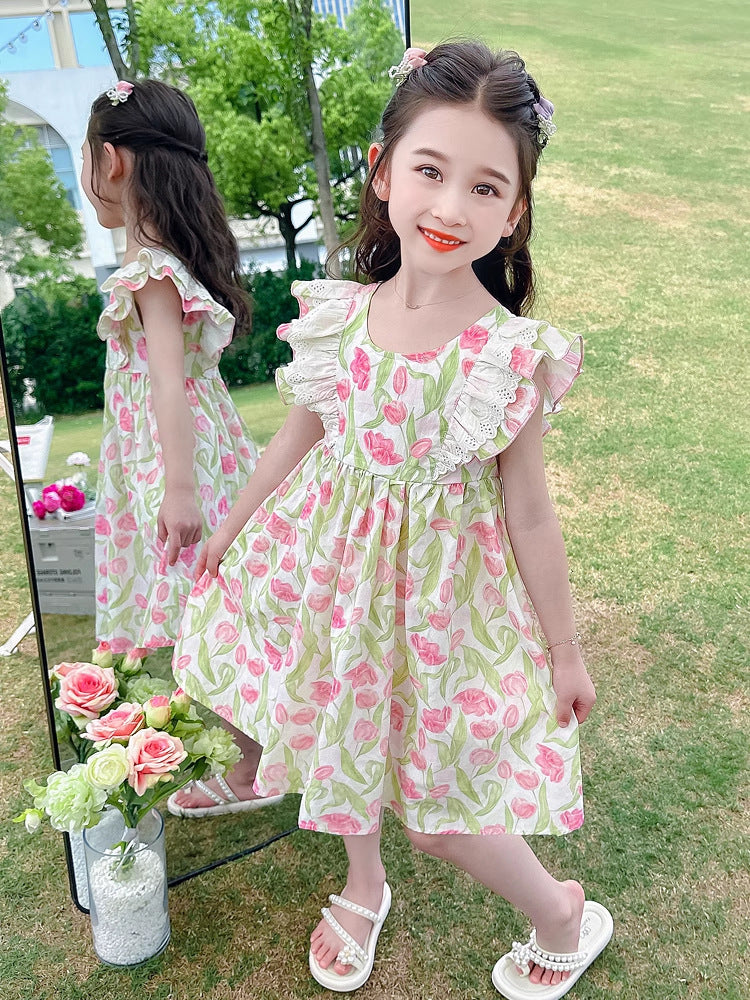Girls Summer Floral Princess Dress with Flying Sleeves