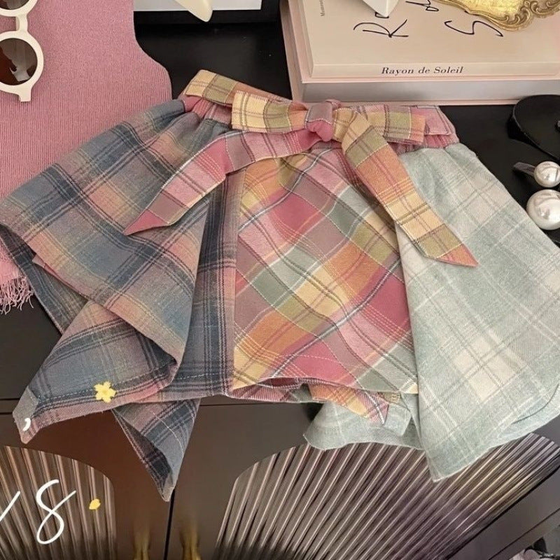 Girls Summer Knitted Vest and Plaid Culottes Set