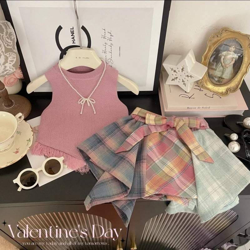 Girls Summer Knitted Vest and Plaid Culottes Set