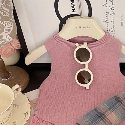 Girls Summer Knitted Vest and Plaid Culottes Set