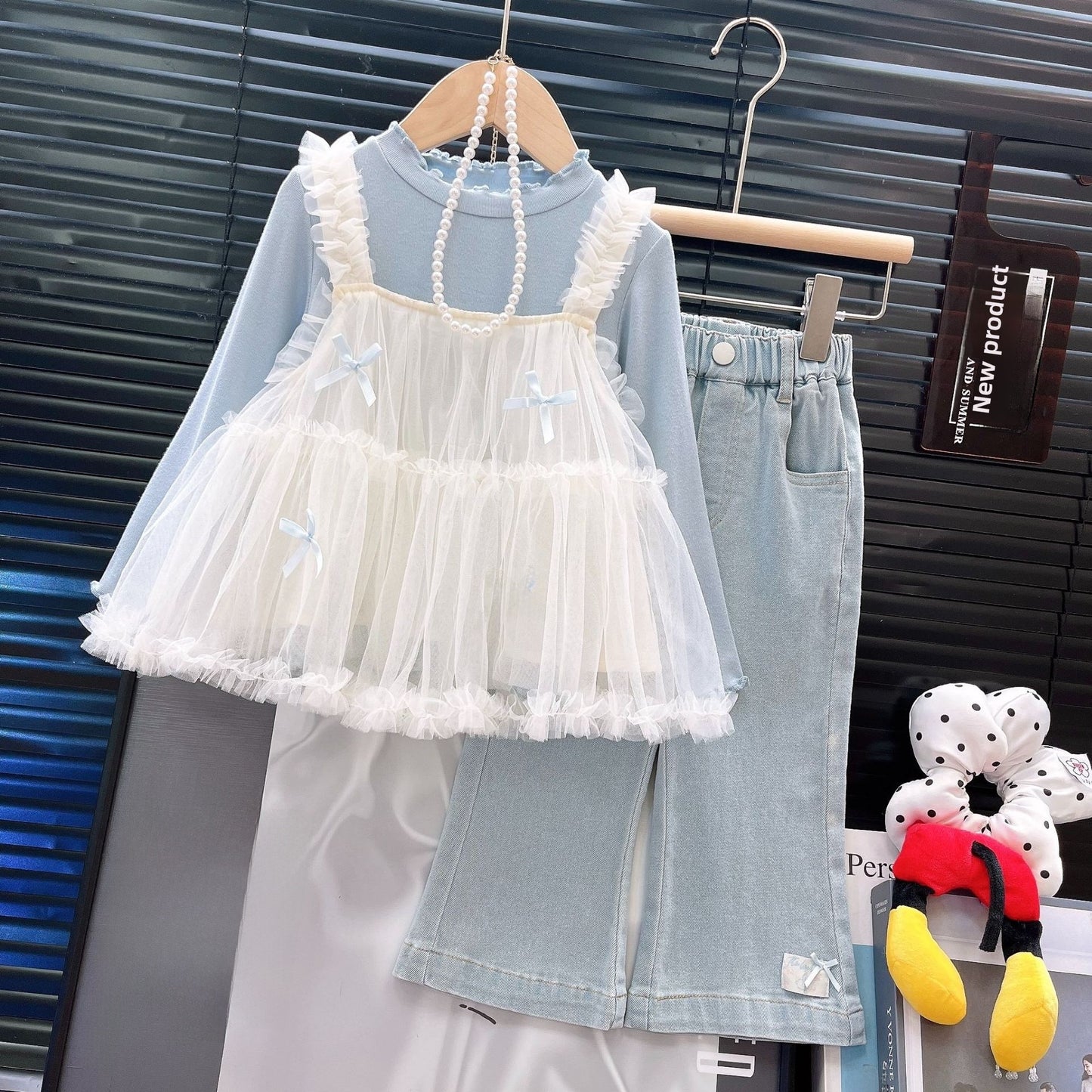 Girls Three-Piece Outfit Shirt Suspenders Jeans Set