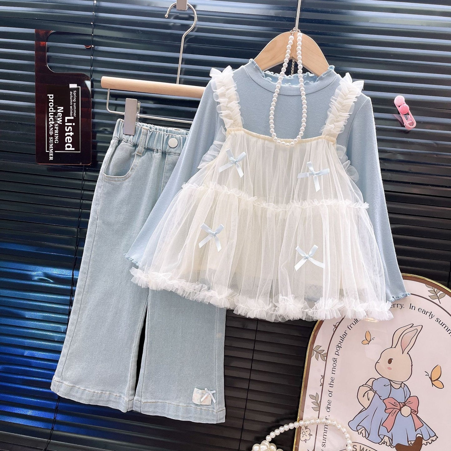 Girls Three-Piece Outfit Shirt Suspenders Jeans Set