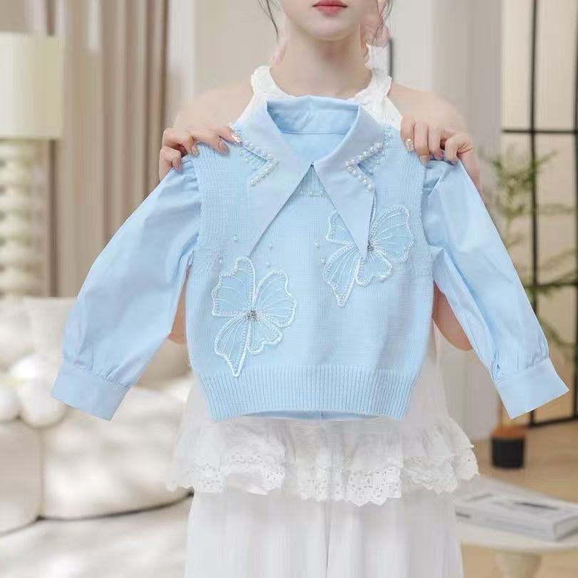 Girls Three-Piece Vest Shirt Denim Set