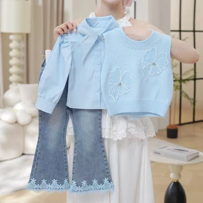 Girls Three-Piece Vest Shirt Denim Set