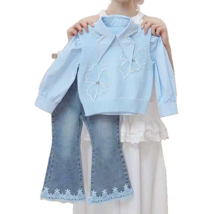 Girls Three-Piece Vest Shirt Denim Set