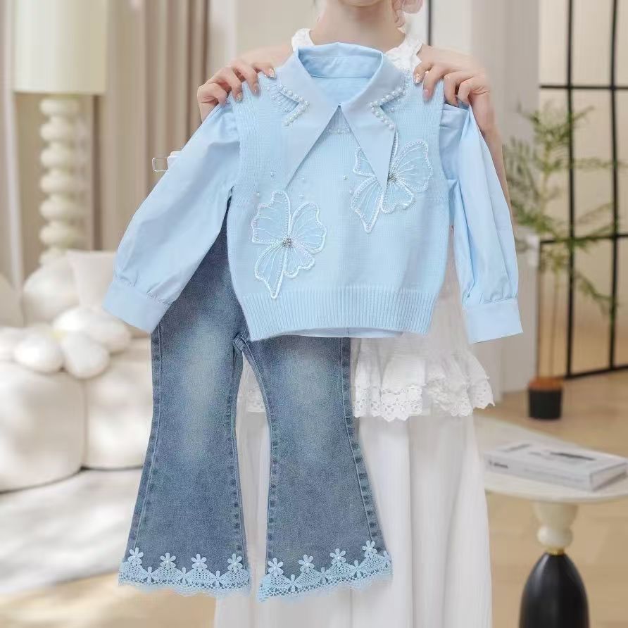 Girls Three-Piece Vest Shirt Denim Set