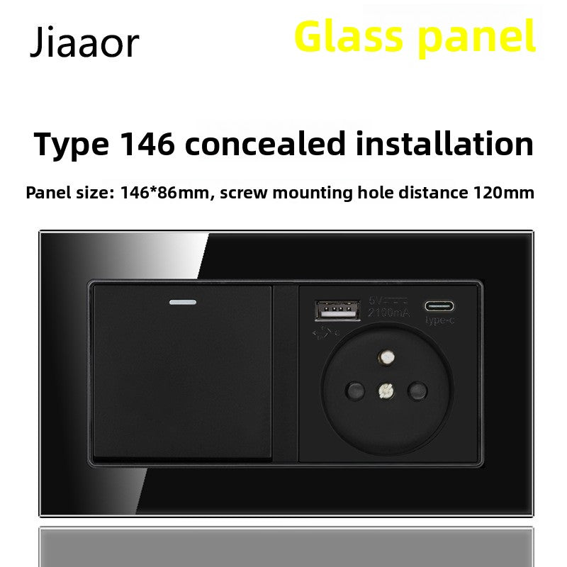 Glass Black European Standard Wall Socket Panel with USB and Type C