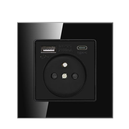 Glass Black European Standard Wall Socket Panel with USB and Type C