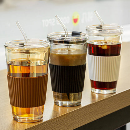 Glass straw cup with lid for coffee and beverages