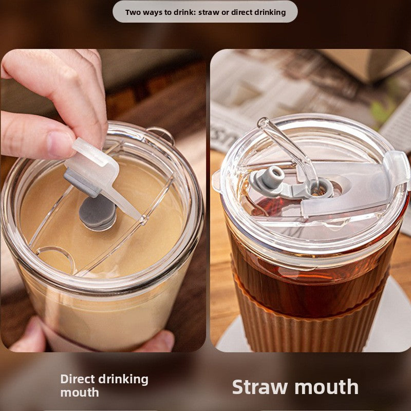 Glass straw cup with lid for coffee and beverages