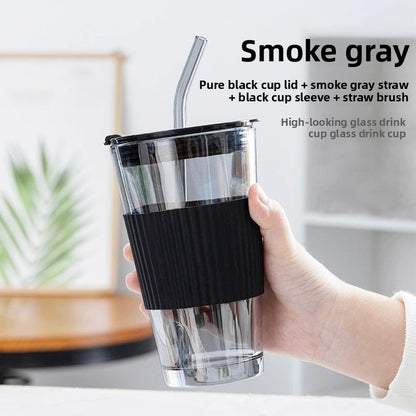 Glass straw cup with lid for coffee and beverages