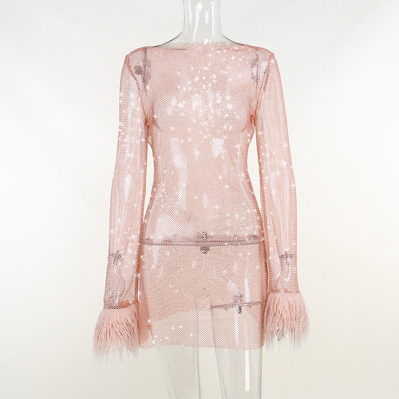 Glitter Mesh Sheer Dress with Fuzzy Trim Fashionable One Piece for Women