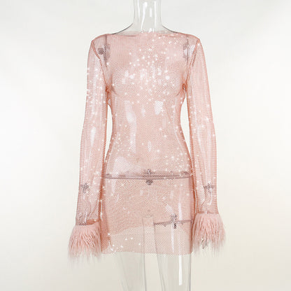 Glitter Mesh Sheer Dress with Fuzzy Trim Fashionable One Piece for Women
