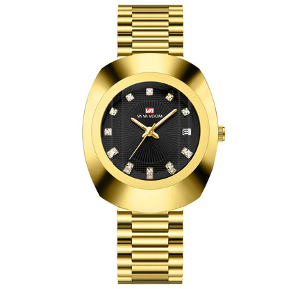 Gold Diamond Quartz Watch Stainless Steel Band