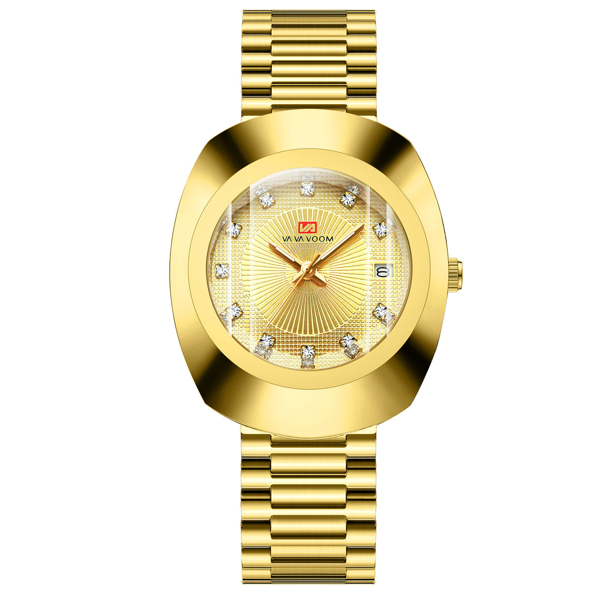 Gold Diamond Quartz Watch Stainless Steel Band