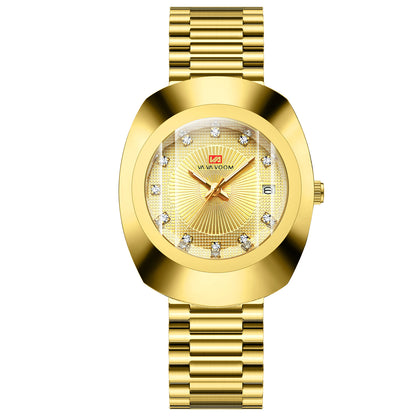 Gold Diamond Quartz Watch Stainless Steel Band