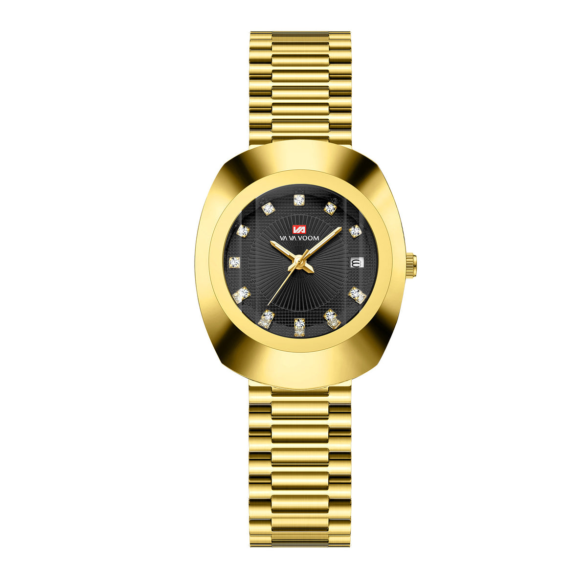 Gold Diamond Quartz Watch Stainless Steel Band