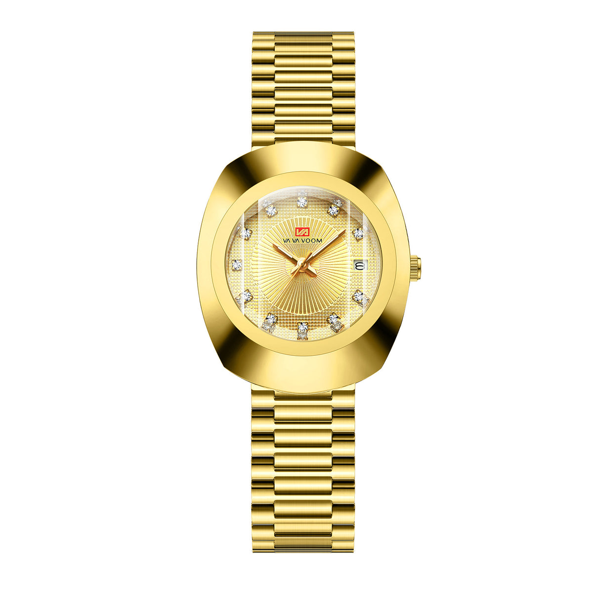 Gold Diamond Quartz Watch Stainless Steel Band