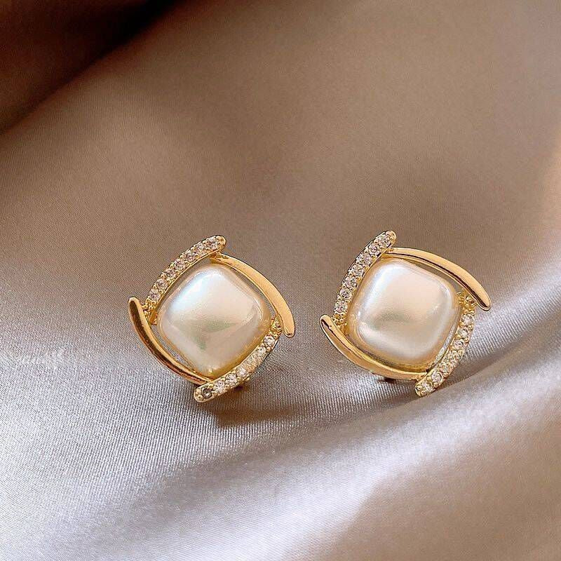 Gold Geometric Earrings with Pearl Accents