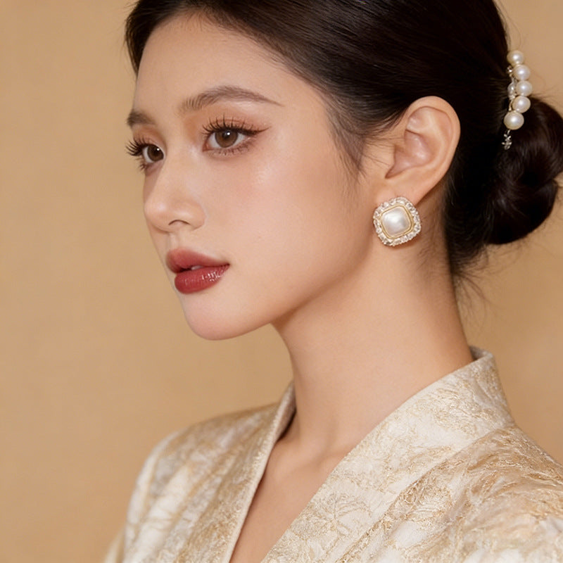 Gold Geometric Earrings with Pearl Accents