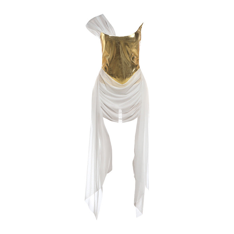 Gold Mesh Spliced Sleeveless Dress