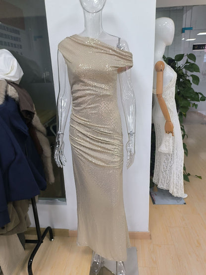 Gold Off-Shoulder Rhinestone Bodycon Dress