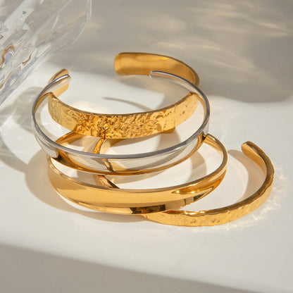 Gold Plated Stainless Steel Hammer Pattern Open Bracelet