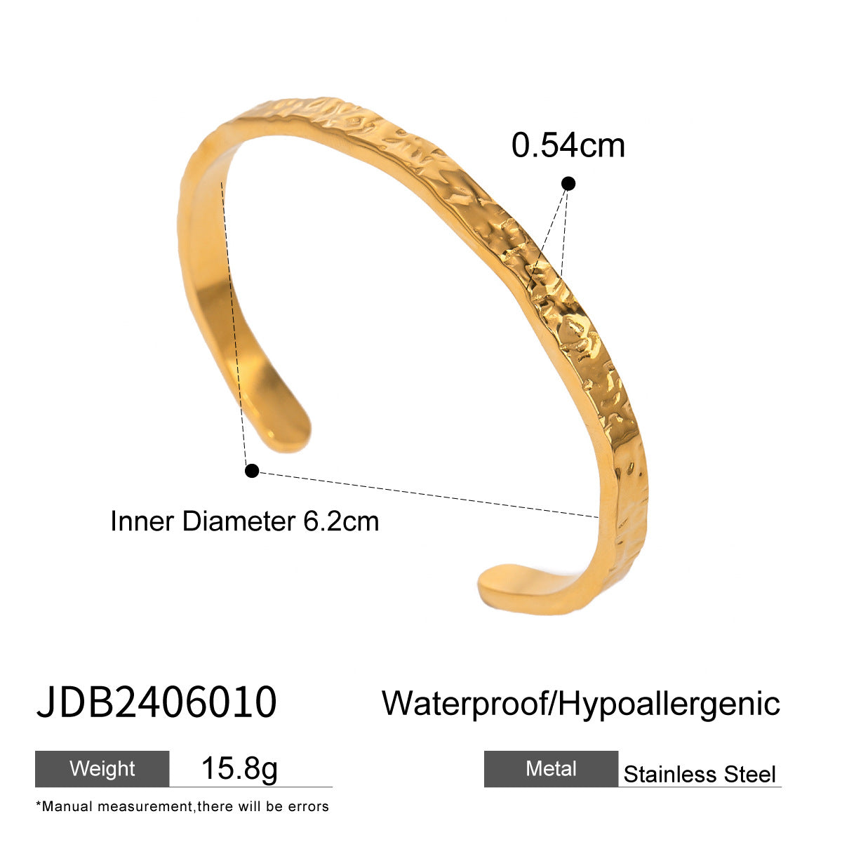 Gold Plated Stainless Steel Hammer Pattern Open Bracelet